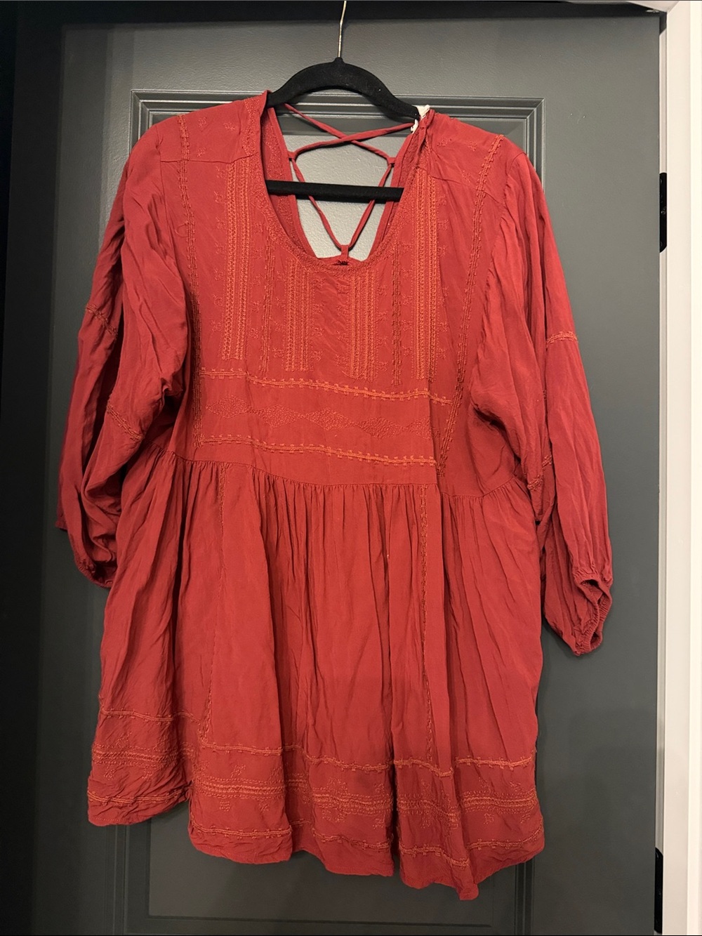 Altar’d State Women's Red Peasant Tunic Top with Embroidered Detail